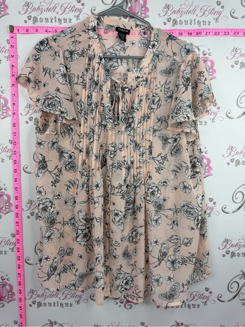 torrid Peach Floral Tie-Neck Blouse with Ruffle Sleeves